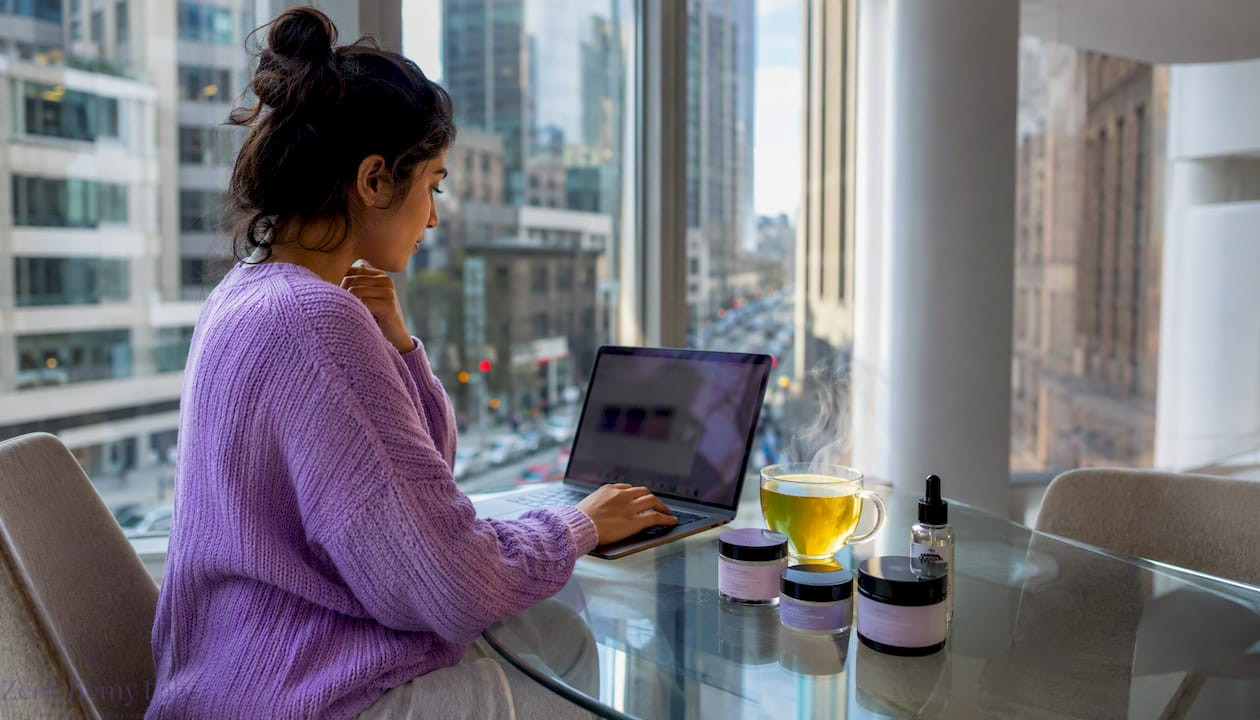 Woman researching skincare alternatives at home