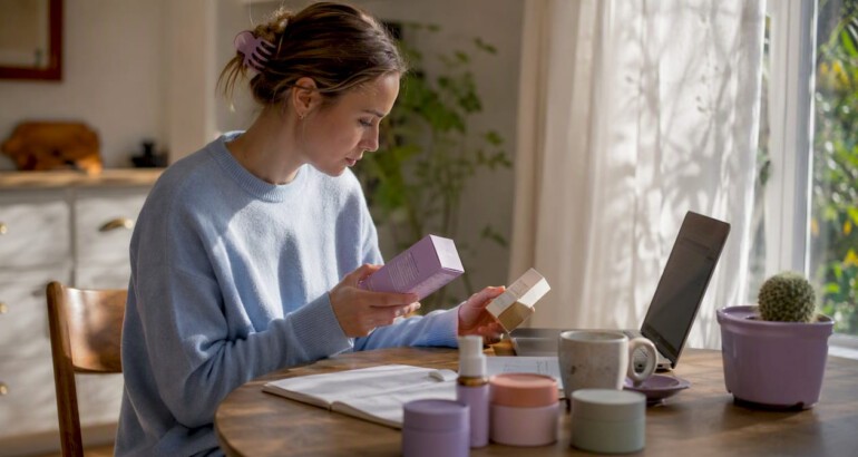 Woman researching skincare products at home