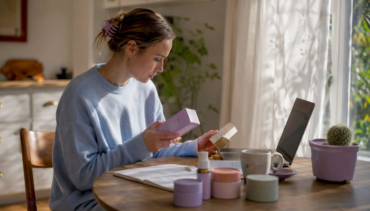 Woman researching skincare products at home