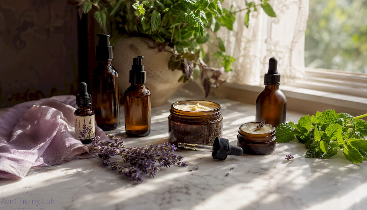 Handcrafted skincare products displayed with botanicals
