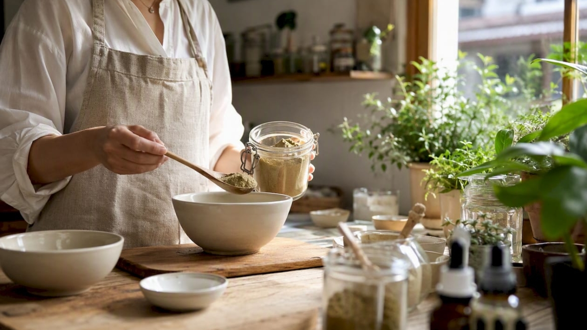 Hands scooping botanical powder in skincare lab