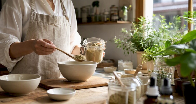 Hands scooping botanical powder in skincare lab