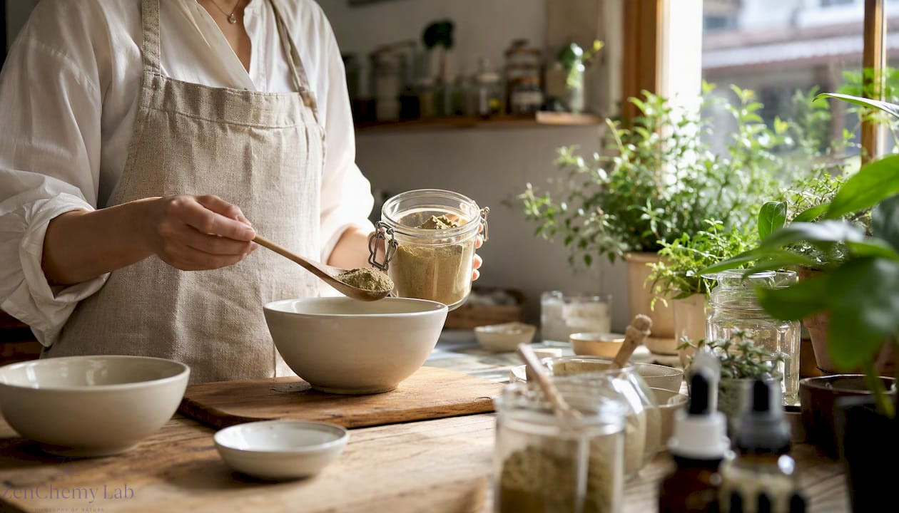 Hands scooping botanical powder in skincare lab