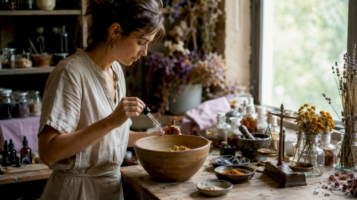 Hands mixing natural skincare ingredients in bowls
