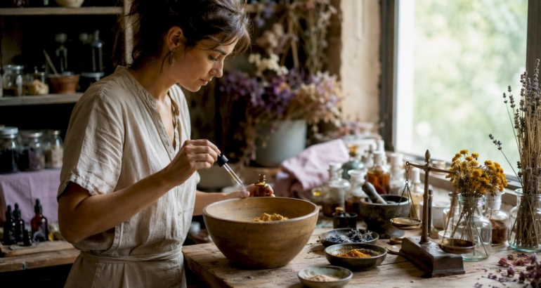 Hands mixing natural skincare ingredients in bowls