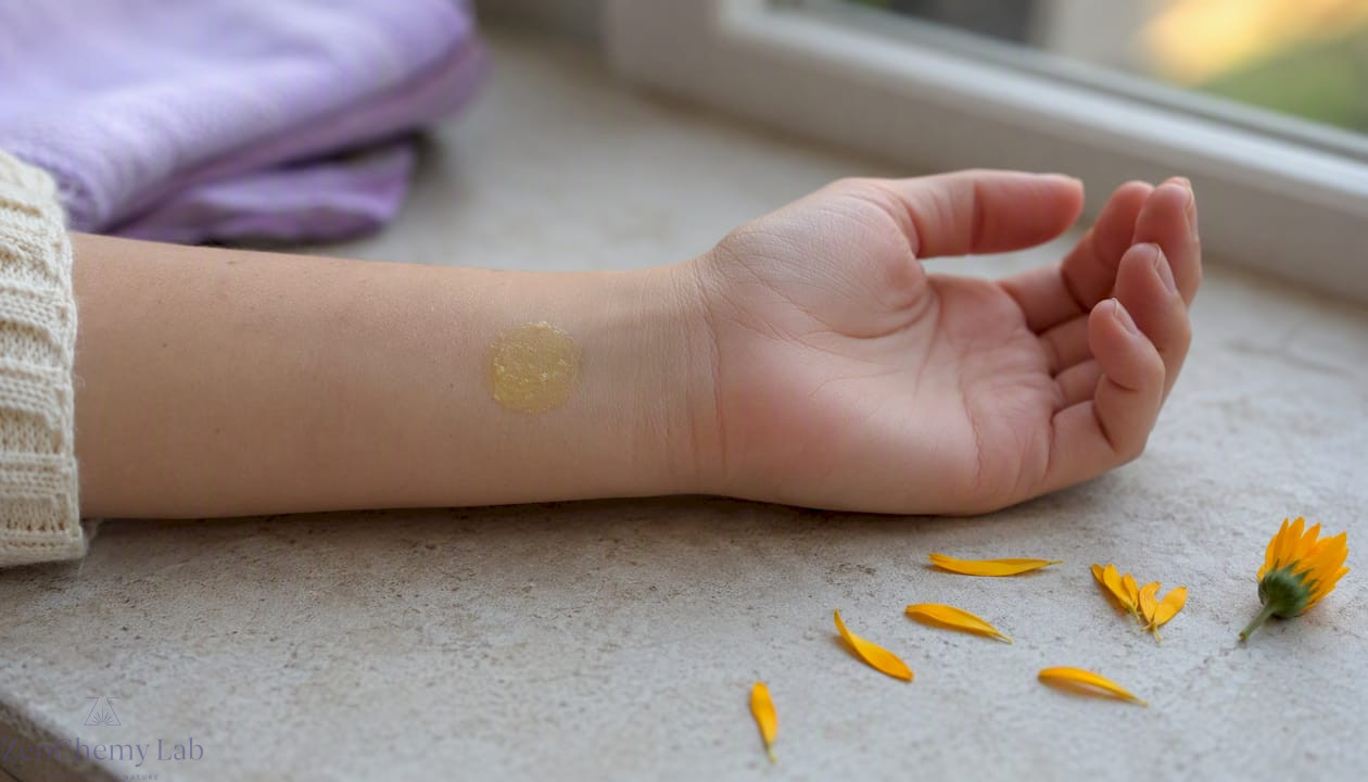 Wrist patch test with calendula balm applied