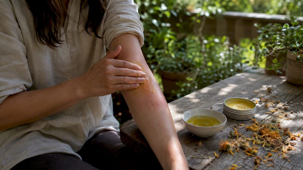 Hands applying calendula balm on reddened skin