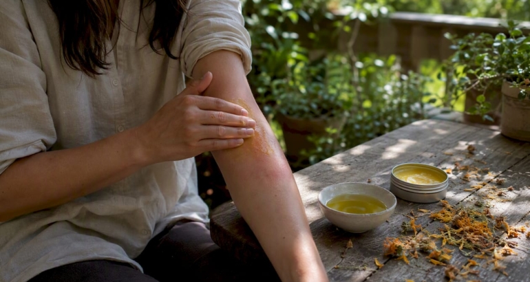 Hands applying calendula balm on reddened skin