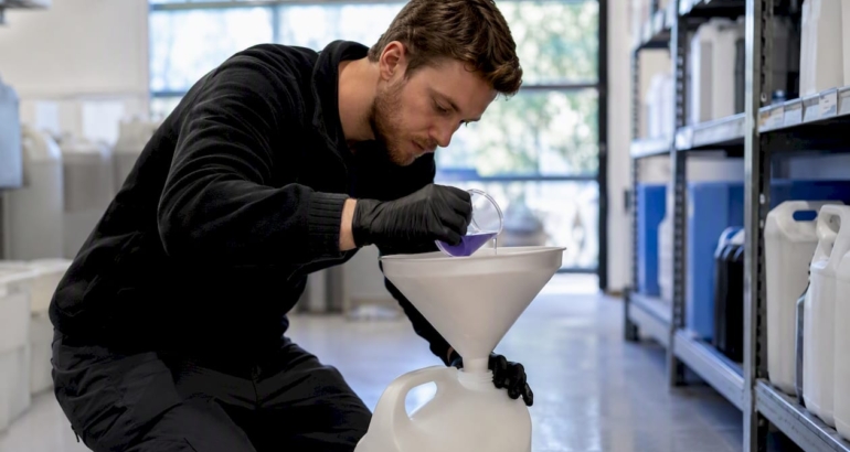 Technician pouring carpet cleaning concentrate