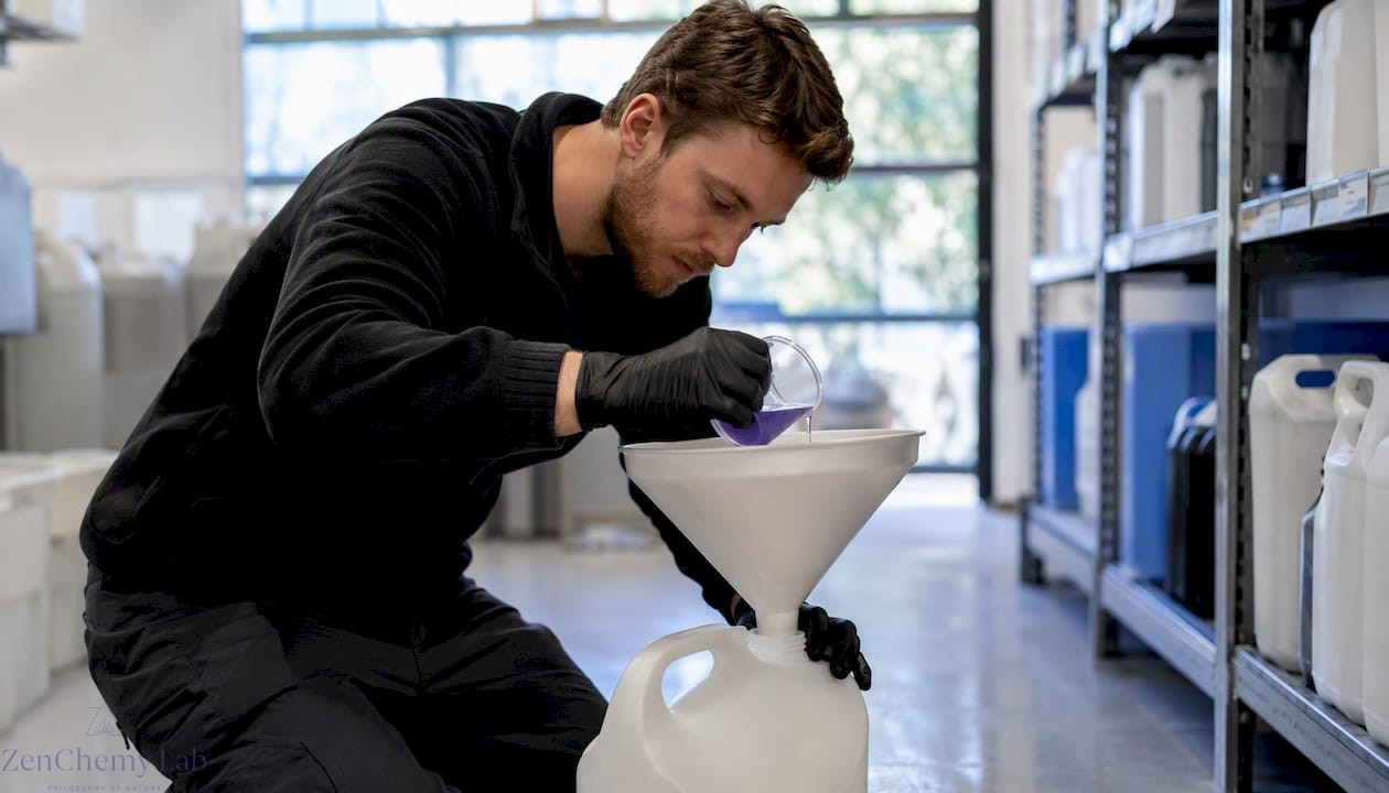 Technician pouring carpet cleaning concentrate