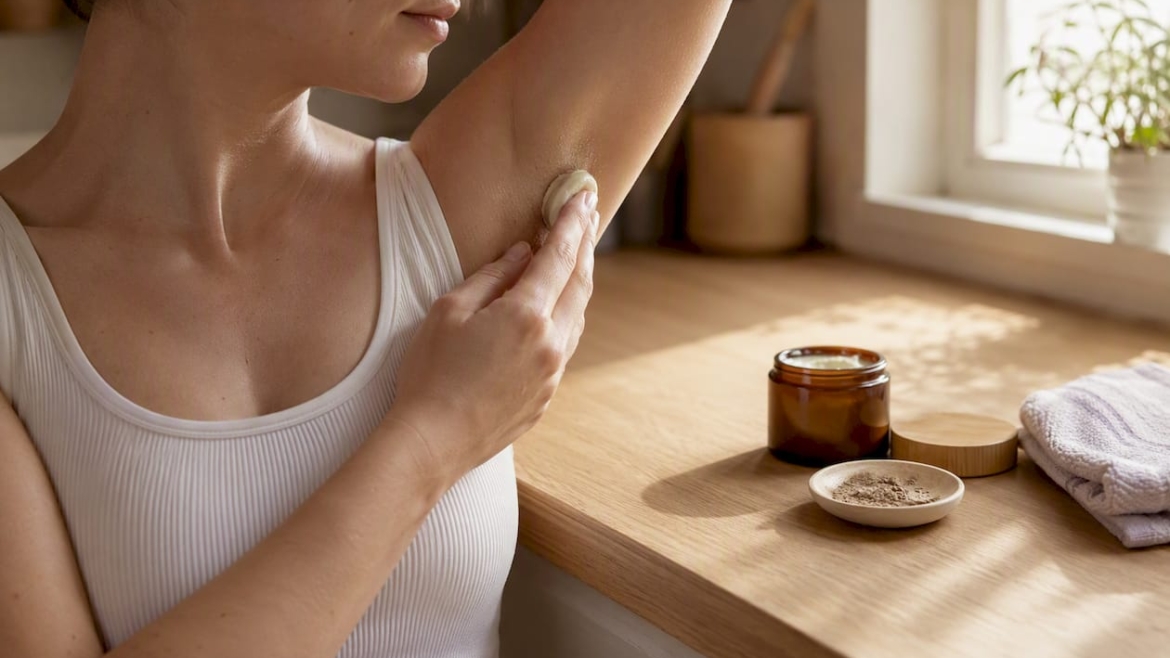 Applying natural deodorant cream to underarm