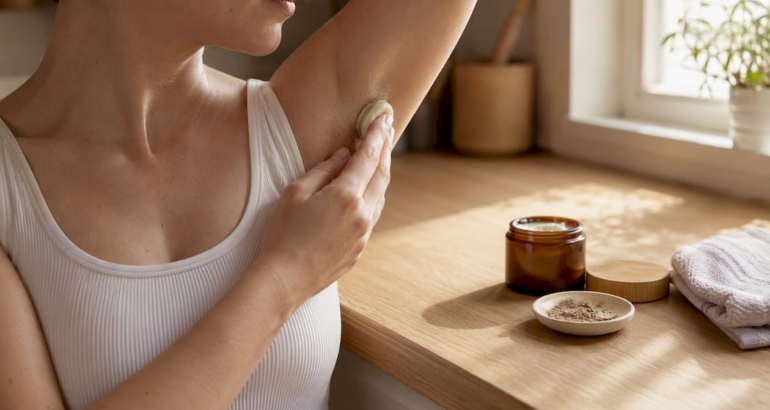 Applying natural deodorant cream to underarm