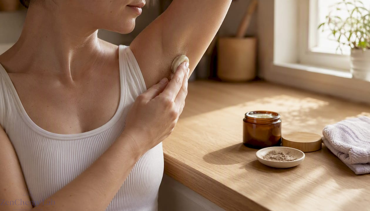 Applying natural deodorant cream to underarm