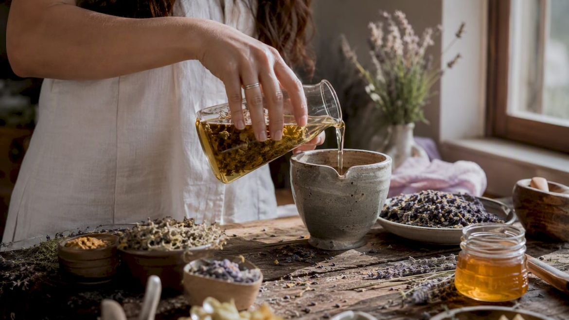 Hands mixing natural skincare ingredients in bowl