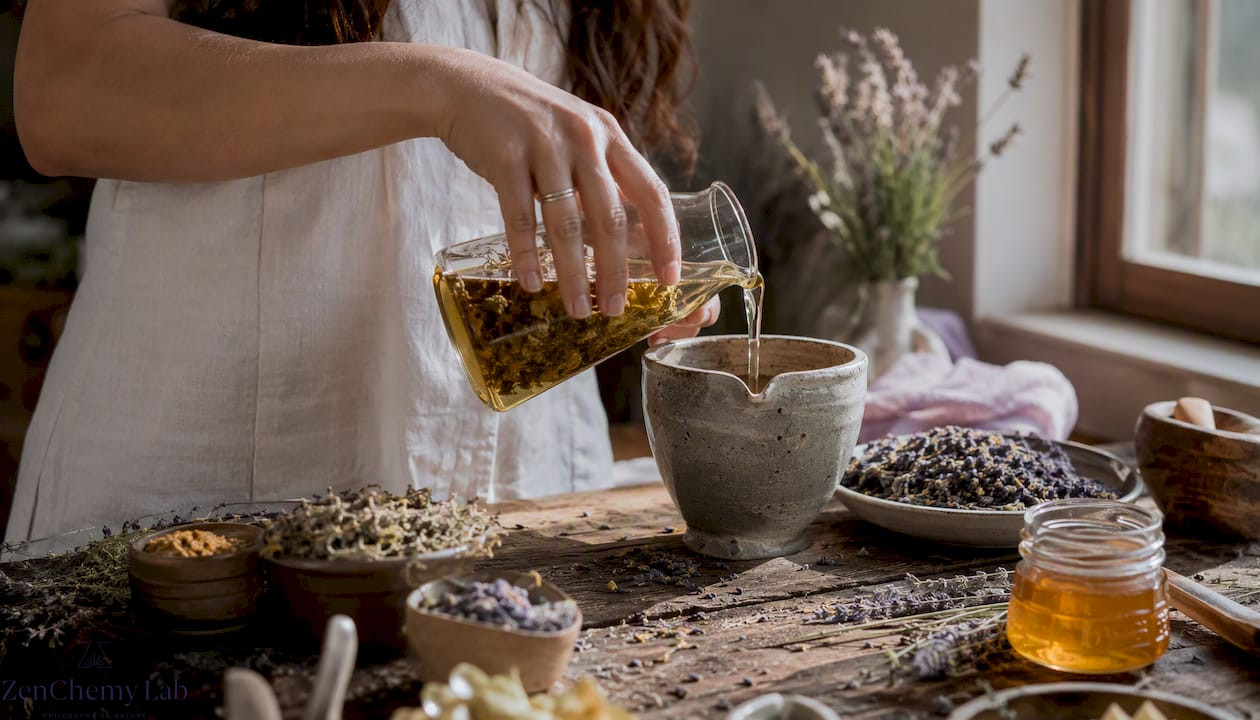 Hands mixing natural skincare ingredients in bowl