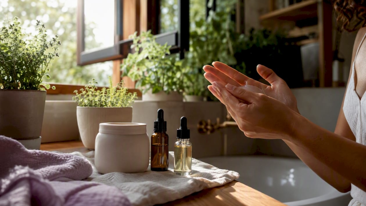 Hands pressing serum palms over natural skincare containers