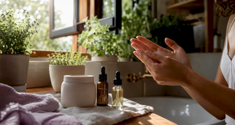 Hands pressing serum palms over natural skincare containers