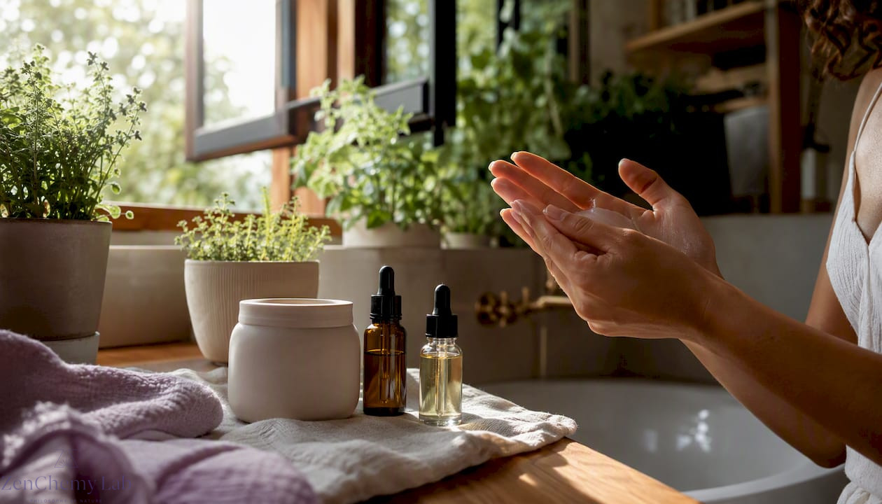 Hands pressing serum palms over natural skincare containers