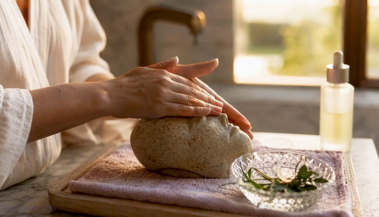 Hands pressing serum with press and hold technique over ceramic face form