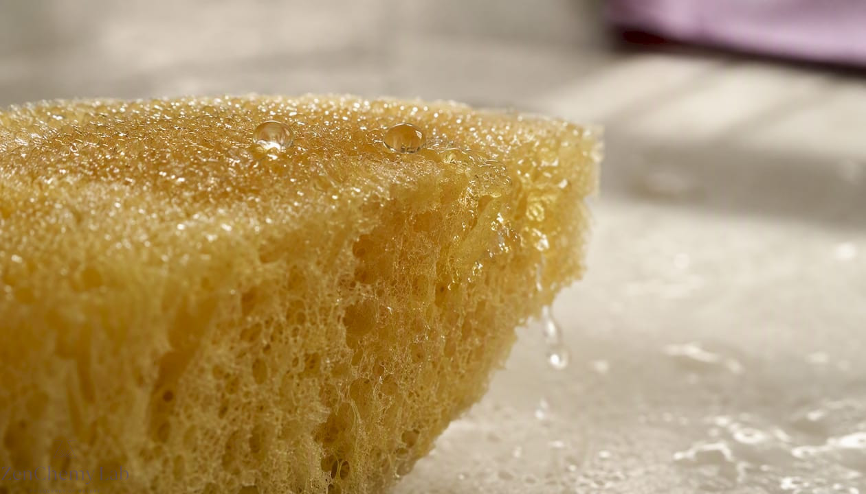 Water beading on oil-covered sponge illustrating absorption barrier