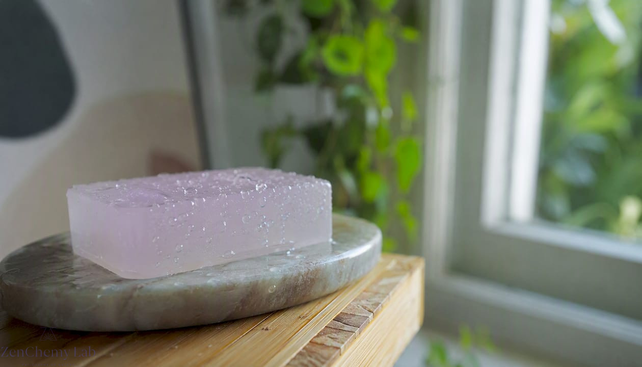 Glycerin soap bar on wooden soap dish