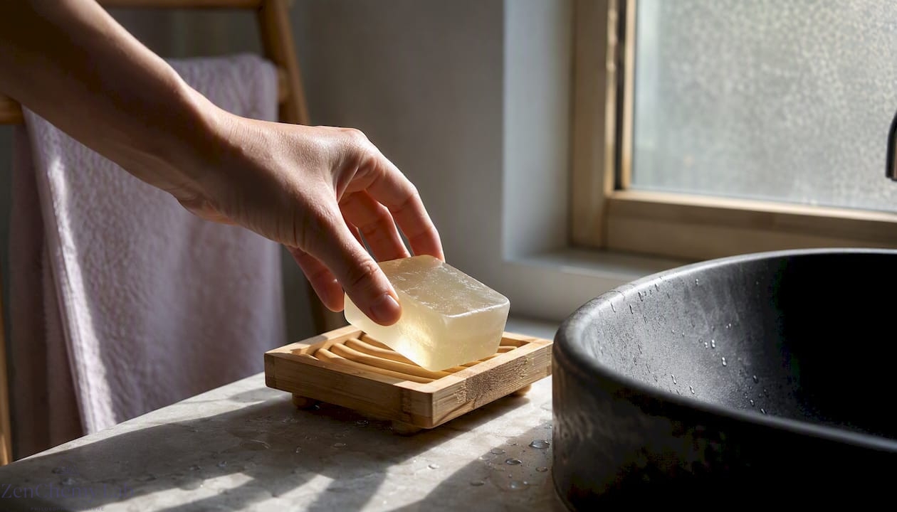 Hand placing glycerin soap on ceramic draining dish