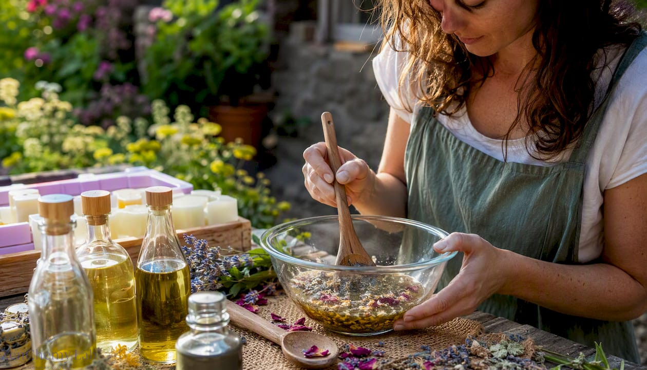 Artisan hands mixing soap ingredients in a bowl