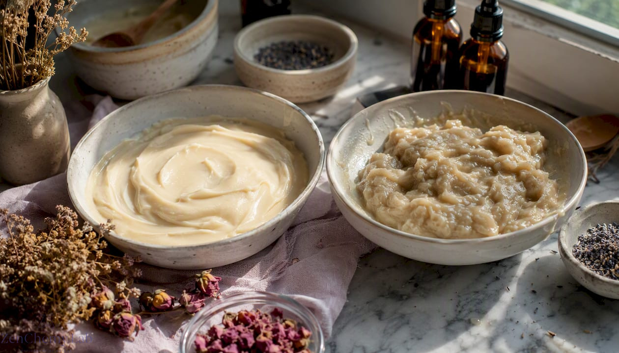 Close-up raw soap batters texture comparison