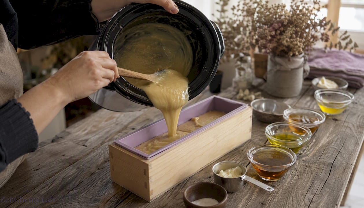 Pouring small batch hot process soap batter