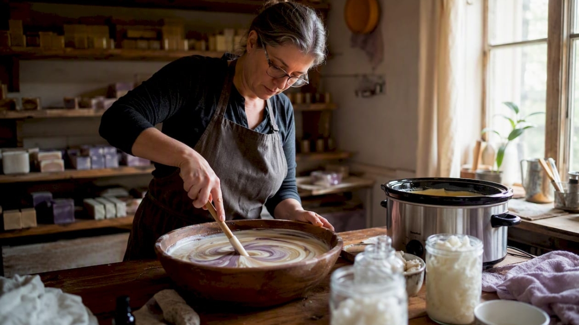 Artisan stirring soap batter near slow cooker