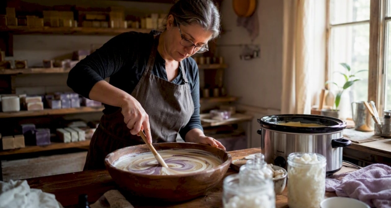 Artisan stirring soap batter near slow cooker
