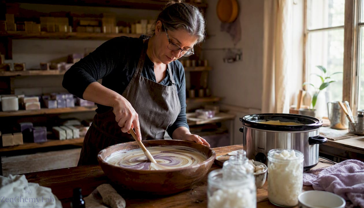 Artisan stirring soap batter near slow cooker
