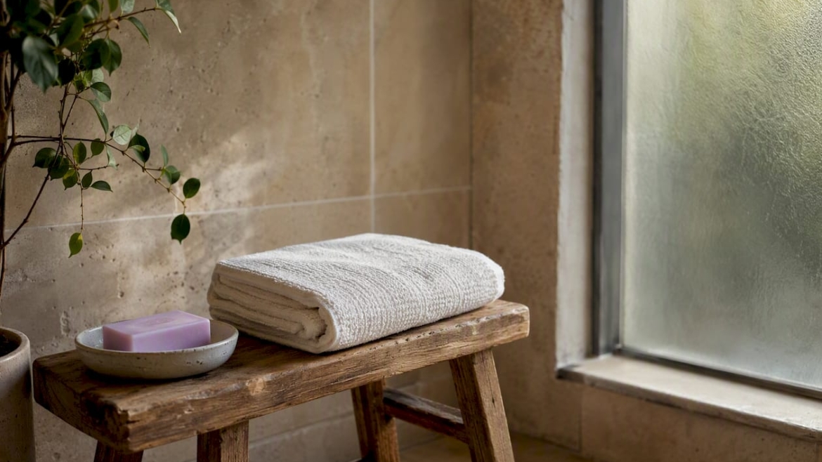 Bathroom bench with towel and natural skincare items