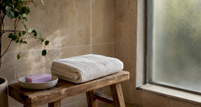 Bathroom bench with towel and natural skincare items