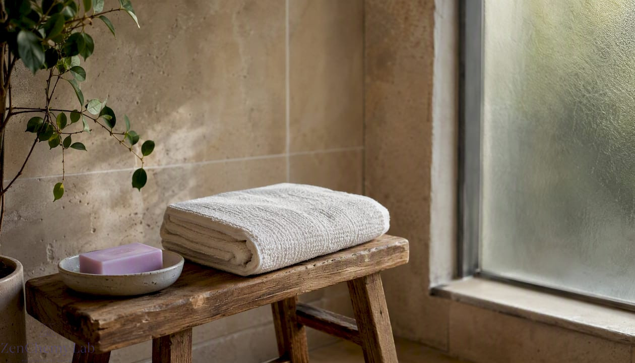Bathroom bench with towel and natural skincare items