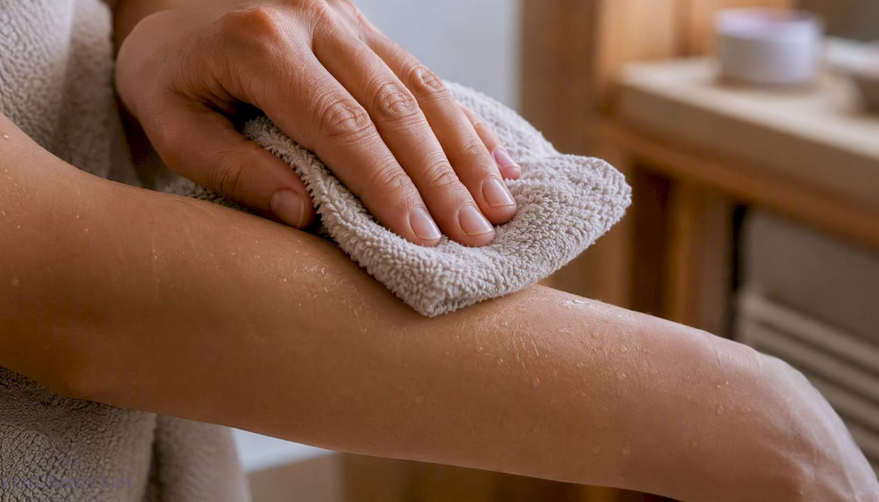 Hand patting forearm with microfiber towel