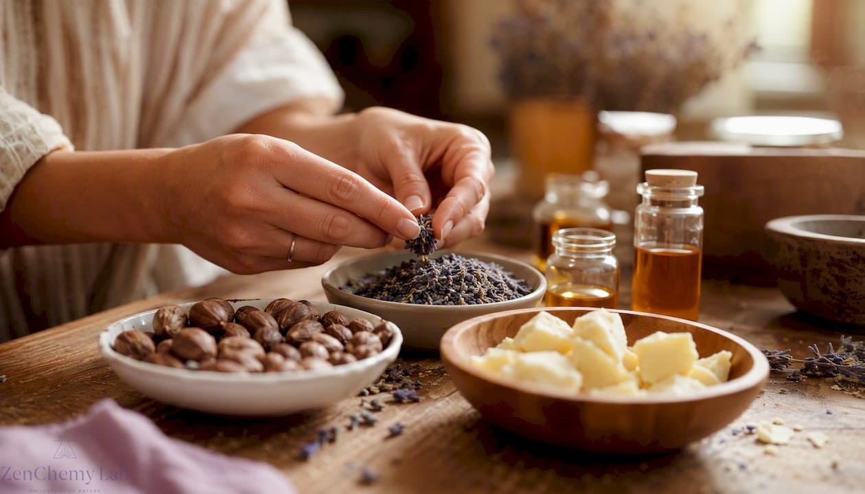 Natural skincare ingredients on wooden table