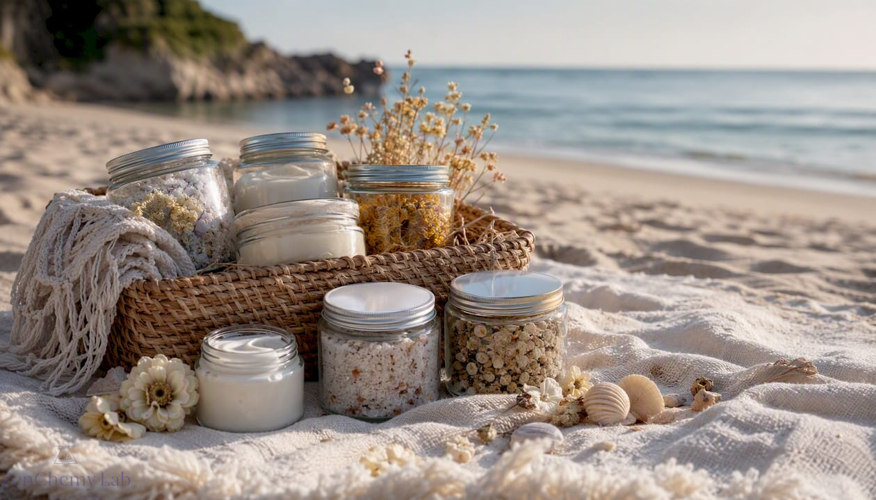 Curated spa gift basket with matching glass jars