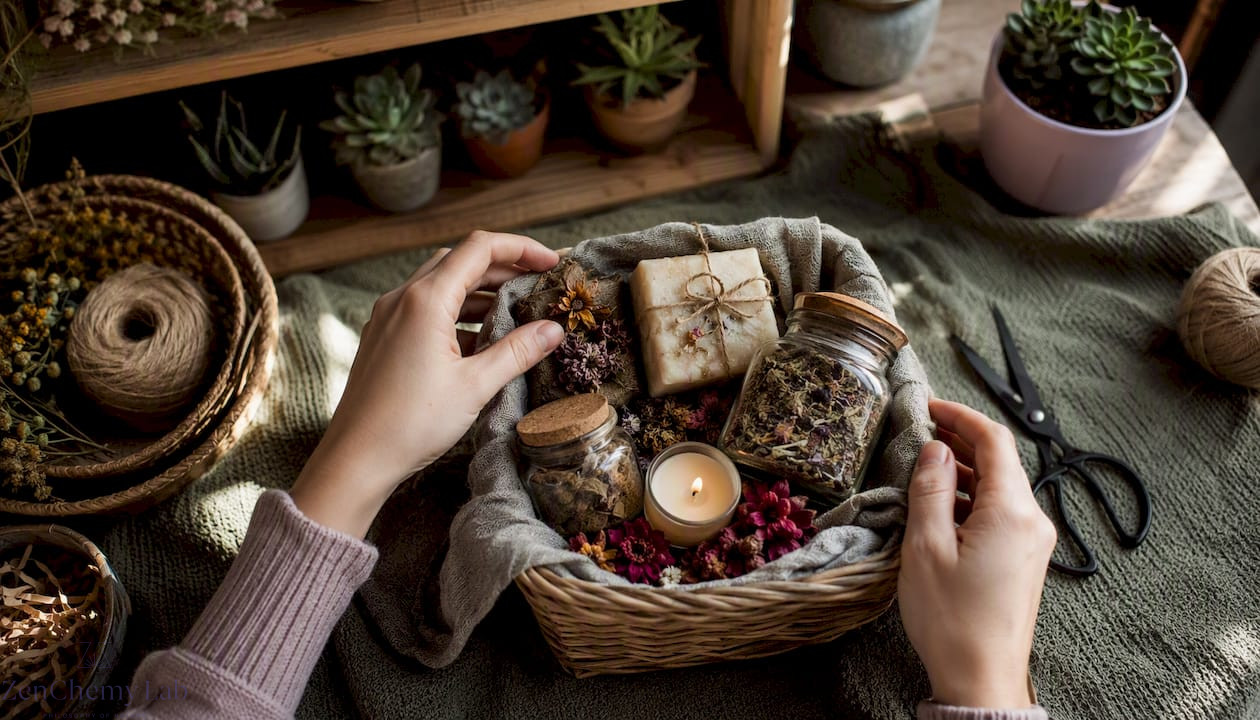 Hands assembling natural DIY spa gift basket