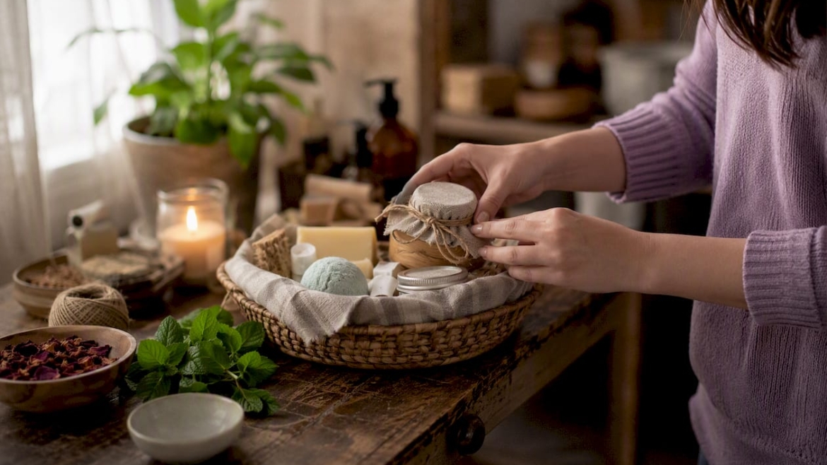 Hand assembling natural DIY spa gift basket