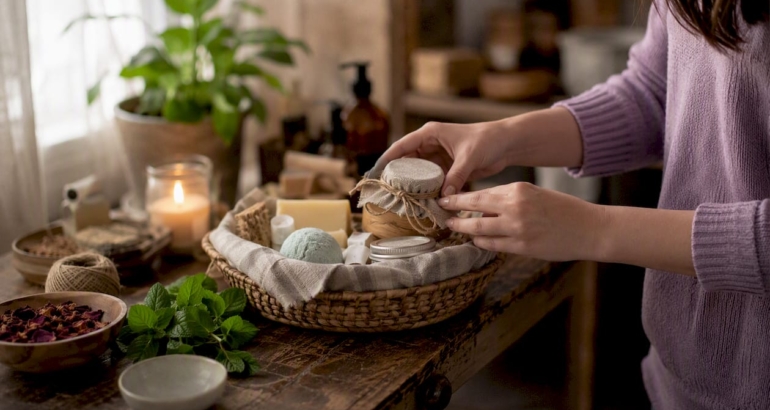 Hand assembling natural DIY spa gift basket