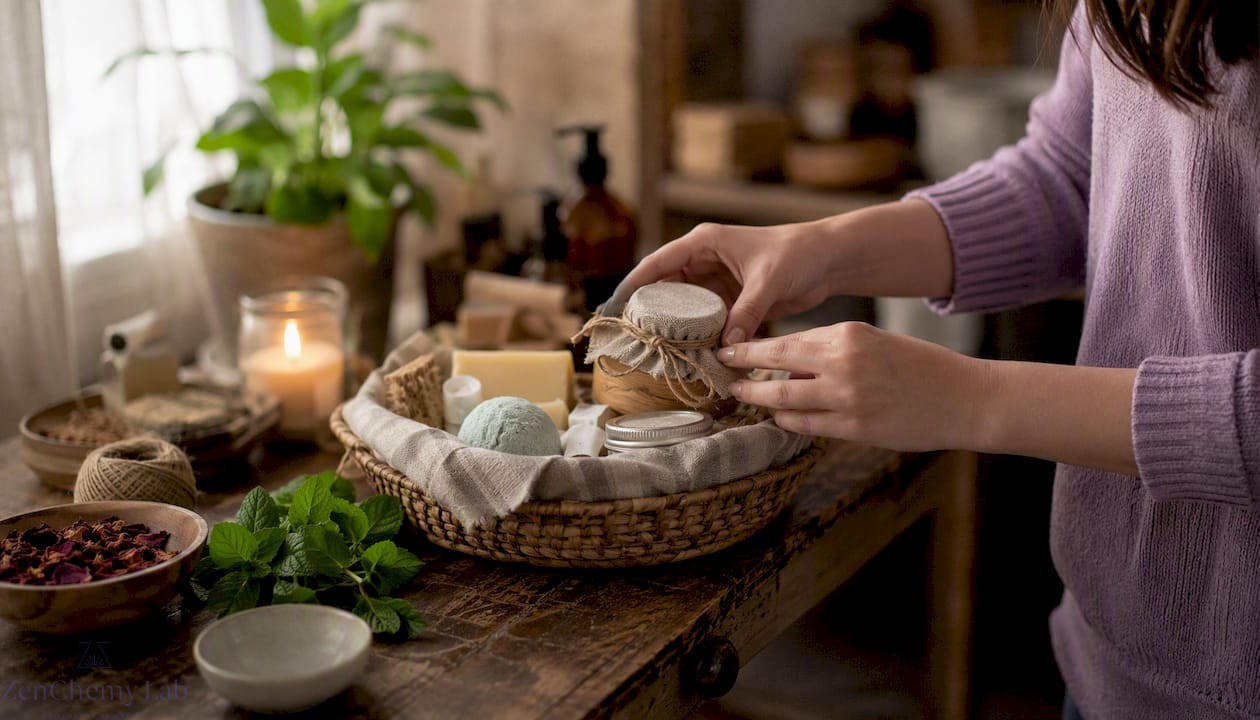 Hand assembling natural DIY spa gift basket