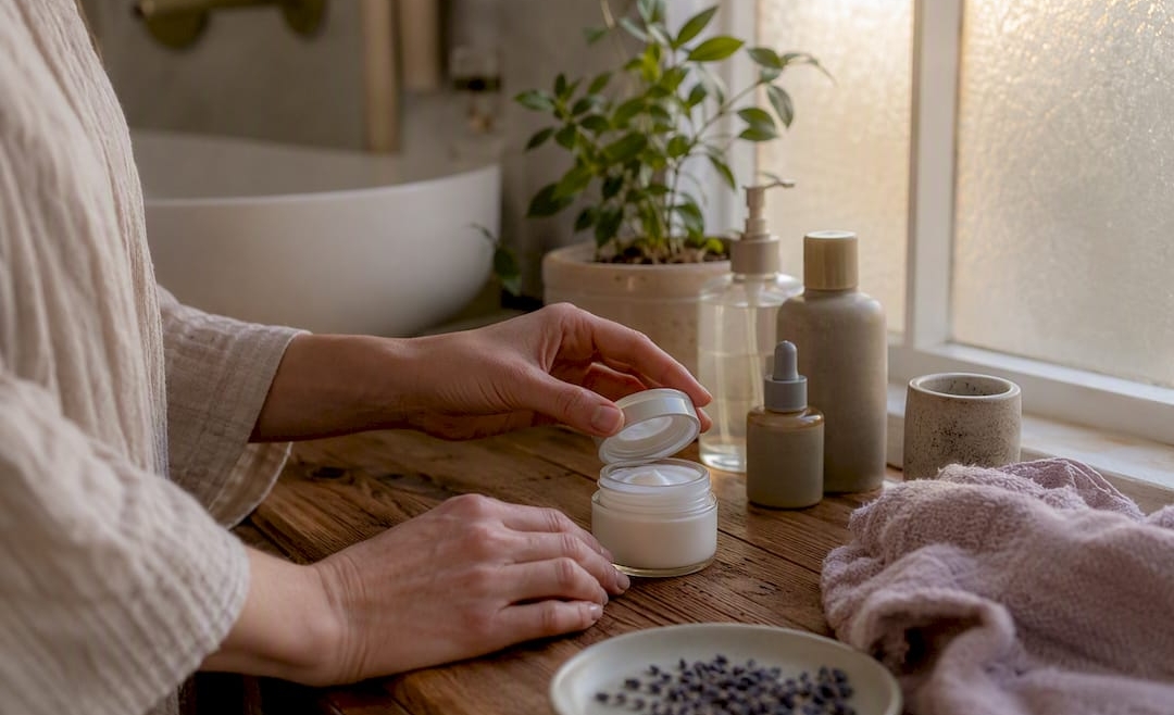 Hand opening natural skincare cream on vanity
