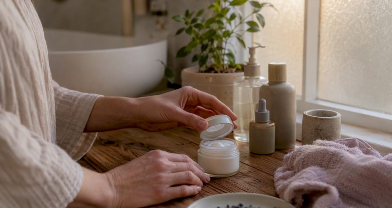 Hand opening natural skincare cream on vanity