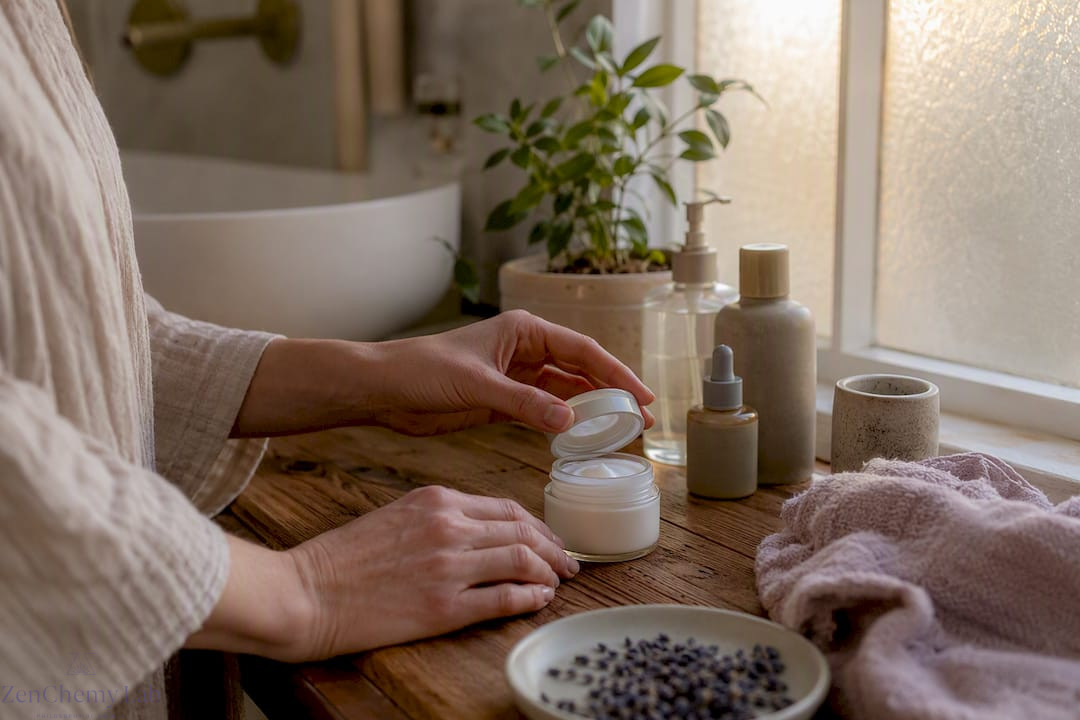 Hand opening natural skincare cream on vanity