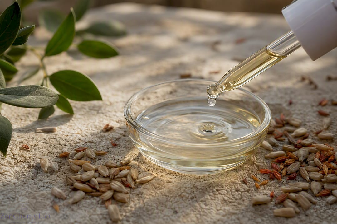 Droplet of grapeseed oil with botanical seeds