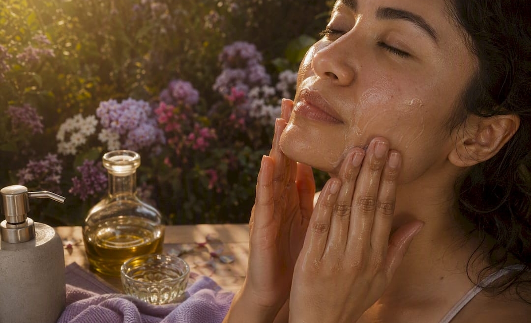 Hands applying oil cleanser on skin