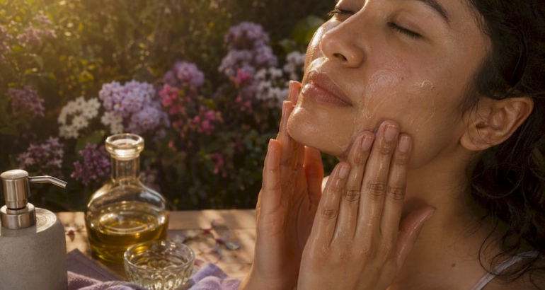 Hands applying oil cleanser on skin