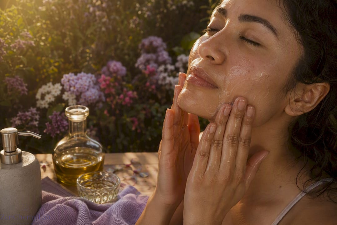 Hands applying oil cleanser on skin