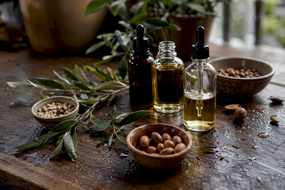 Jars and ingredients of argan, olive, and jojoba oils